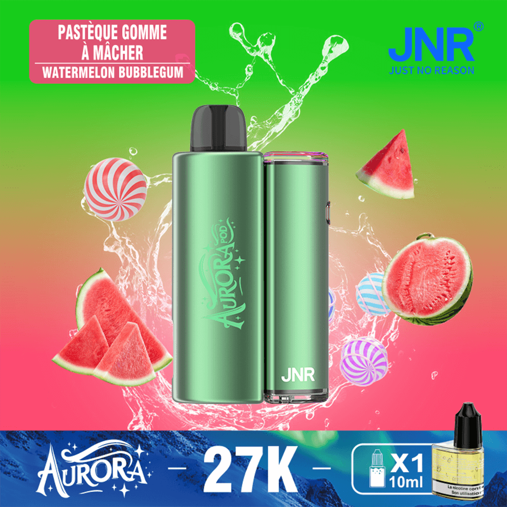 Two green vaping devices labeled Aurora and JNR sit on a bright green-to-pink gradient background with watermelon slices and candies; a pink label reads Watermelon Bubblegum, and a blue Aurora 27K banner with a 10ml bottle icon is at the bottom.
