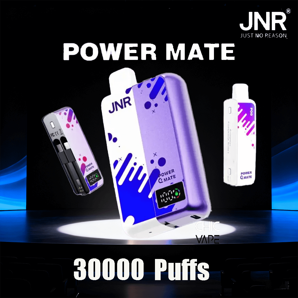 Promotional display of JNR Power Mate vaping devices on a dark stage, featuring a central purple-and-white Power Mate with a small digital screen, flanked by two other devices, with bold POWER MATE text overhead and 30000 Puffs at the bottom.