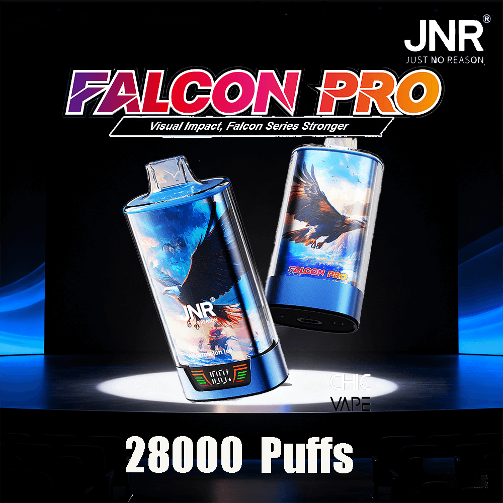 Two blue Falcon Pro vape devices with wing artwork and digital displays, branded JNR, shown against a dark background with the '28000 Puffs' caption.