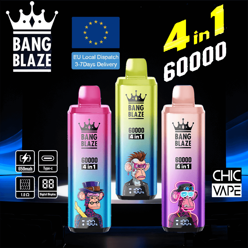 Three Bang Blaze vape devices in pink, lime, and peach with cartoon monkey illustrations and '60000 4 in 1' labeling on a dark advertisement background, alongside an EU flag and the CHIC VAPE logo.