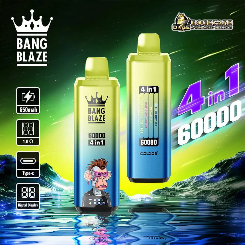Two Bang Blaze 4-in-1 vaping devices in a lime-to-blue gradient stand above a water scene, one with a cartoon monkey at the base, the other labeled 4 in 1 60000, with a vertical row of icons on the left indicating 650mAh, 1.0 Ω, USB Type-C and a digital display.