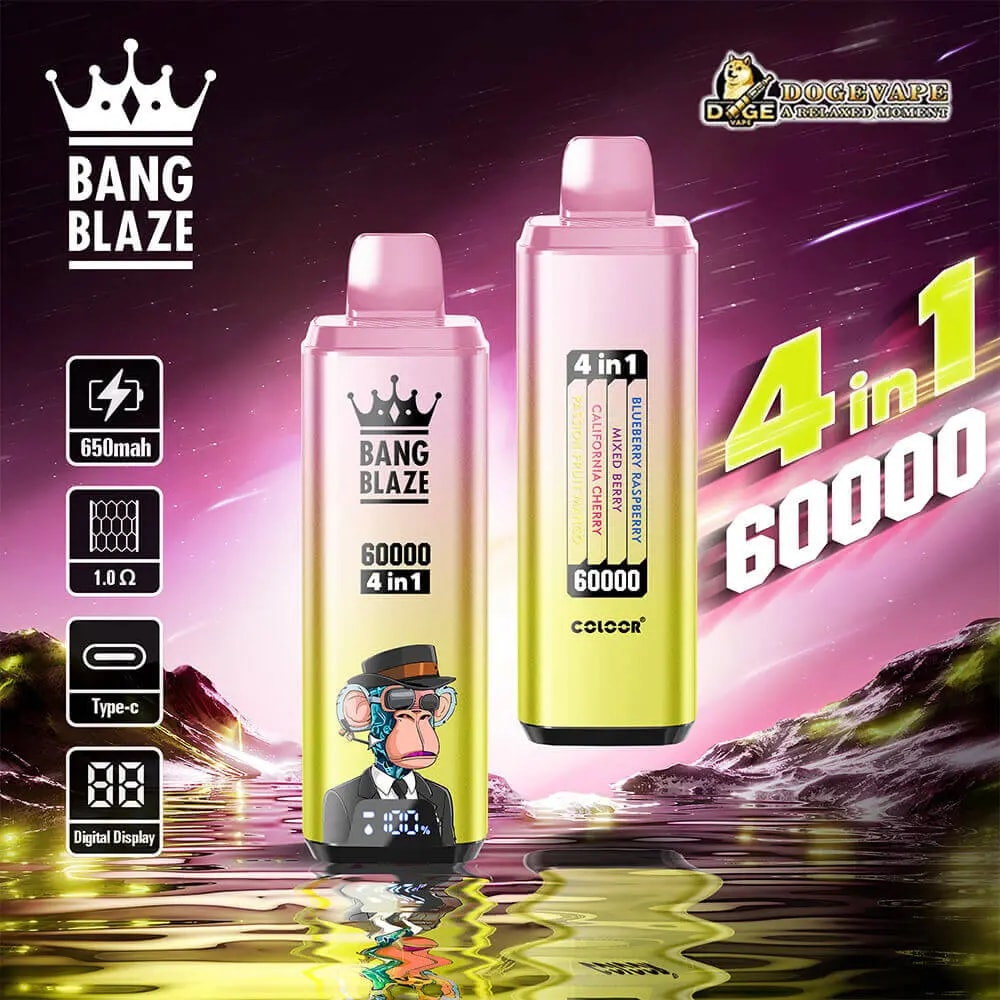 Two pink-to-yellow gradient Bang Blaze 4-in-1 vape devices labeled '60000' with a cartoon monkey graphic on the lower part, standing on a reflective surface against a purple neon landscape.