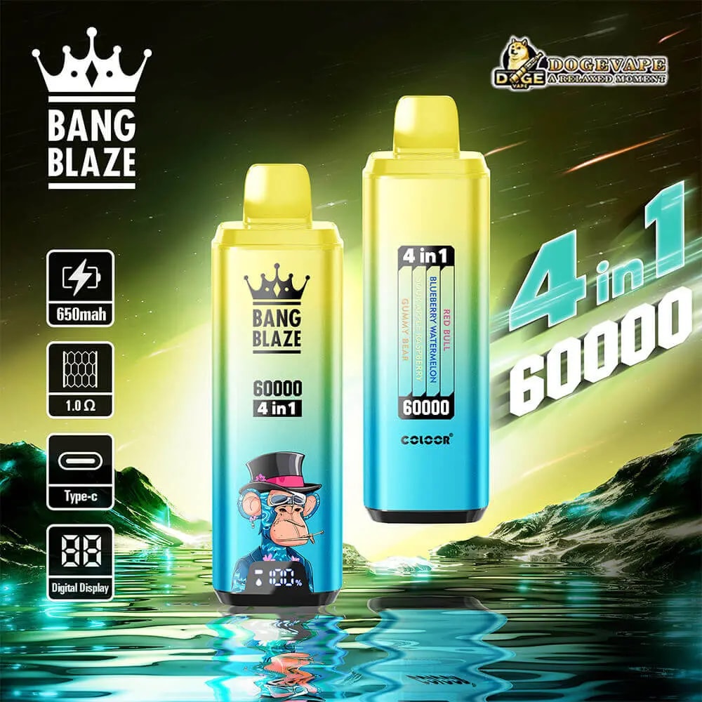 Two Bang Blaze 4-in-1 vape pods in a yellow-to-blue gradient stand in a neon-lit landscape above water; the left pod features a cartoon monkey and the right pod shows '4 in 1' and '60000,' while a column of icons on the left indicates 650mAh, 1.0 Ω, Type-C and a digital display.