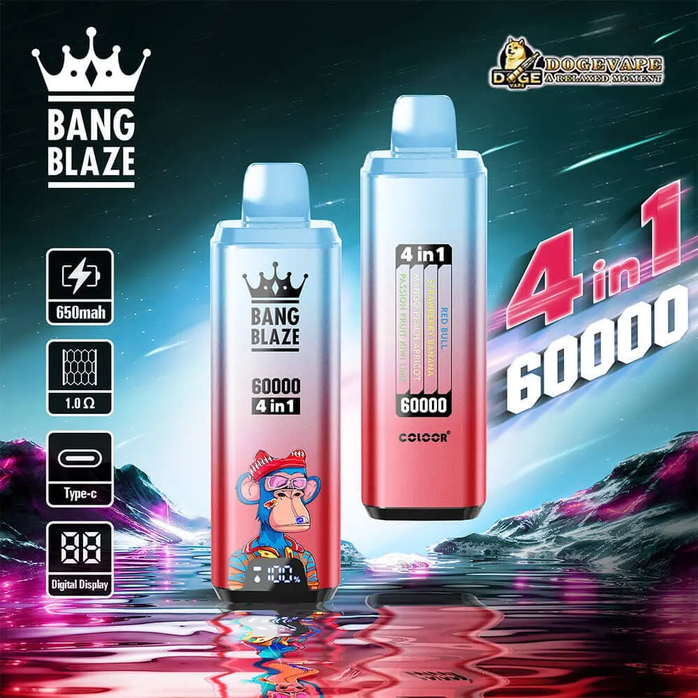 Two Bang Blaze 4-in-1 vape devices in blue-to-pink gradient stand in a neon landscape with a water reflection; the left device features a cartoon monkey and a digital display, while the right device emphasizes '4 in 1 60000', and a left-side column of icons shows 650 mAh, 1.0 Ω, and Type-C.