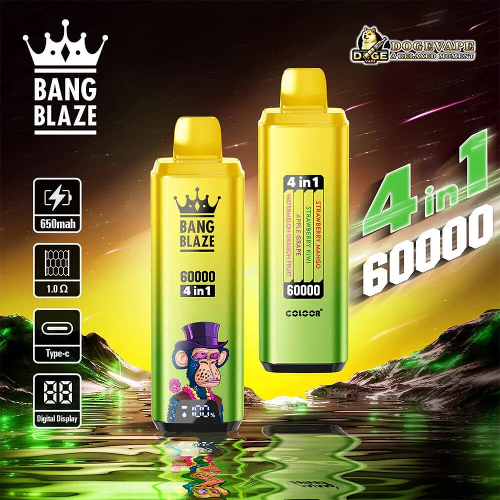 Two tall Bang Blaze 4-in-1 vape devices in yellow-green gradient, the left shows a cartoon monkey and a digital display while the right is labeled strawberry mango with 60000, set against a neon, mountainous background with reflective water.