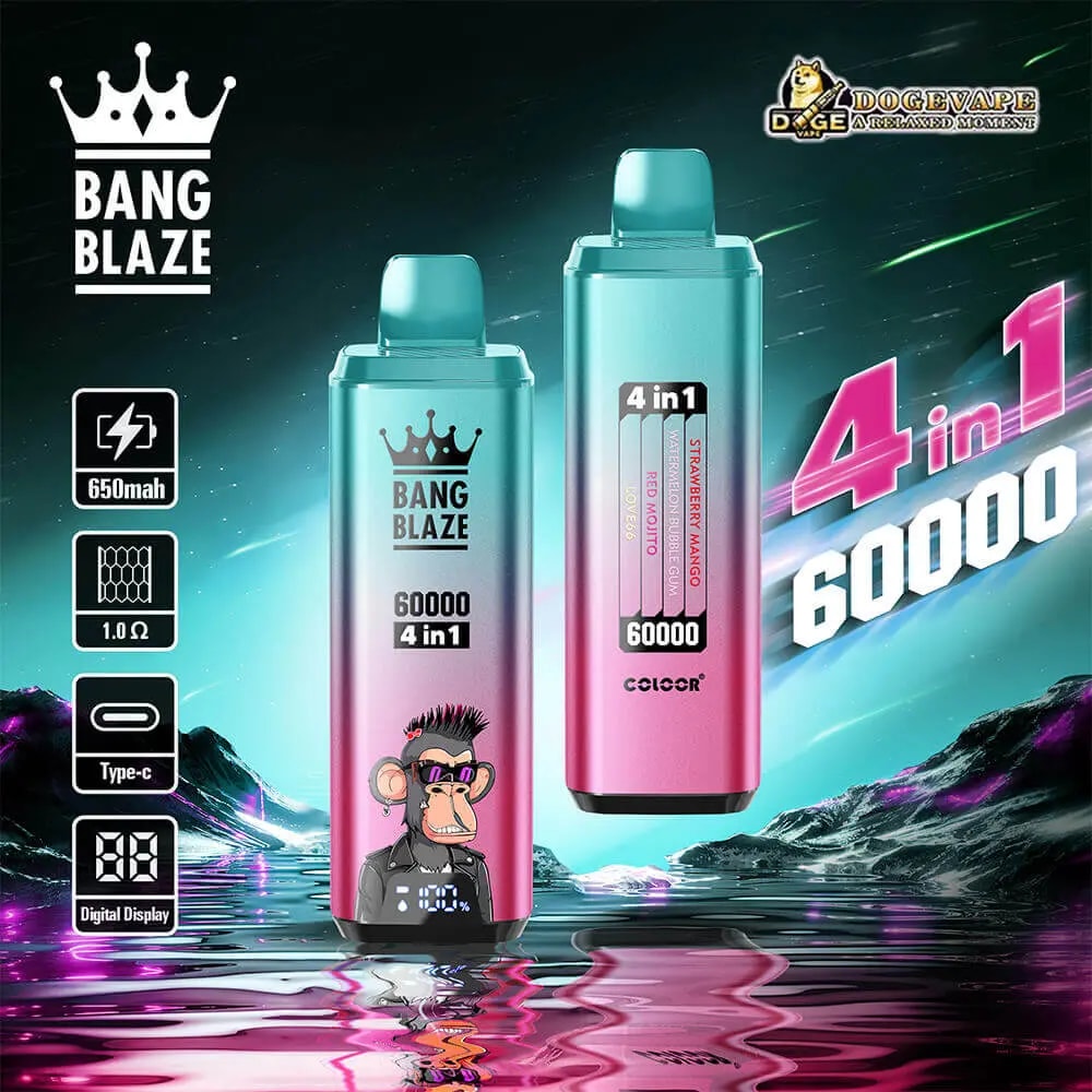 Two Bang Blaze 4-in-1 vape devices in teal and pink gradient stand on a neon, reflective surface; the left unit features a cartoon monkey and '60000 4 in 1,' while the right shows a multicolor panel with '4 in 1 60000,' all set against a futuristic teal‑purple background with side icons for 650mAh, 1.0Ω, Type-C and digital display.