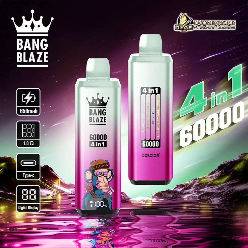 Two Bang Blaze 4-in-1 vape pens in white-to-pink gradients stand on a neon-reflective backdrop; one features a cartoon monkey and branding, the other shows '4 in 1 60000,' with left icons for 650 mAh, 1.0 Ω, Type-C, and a digital display, and a DogeVape logo in the upper right.