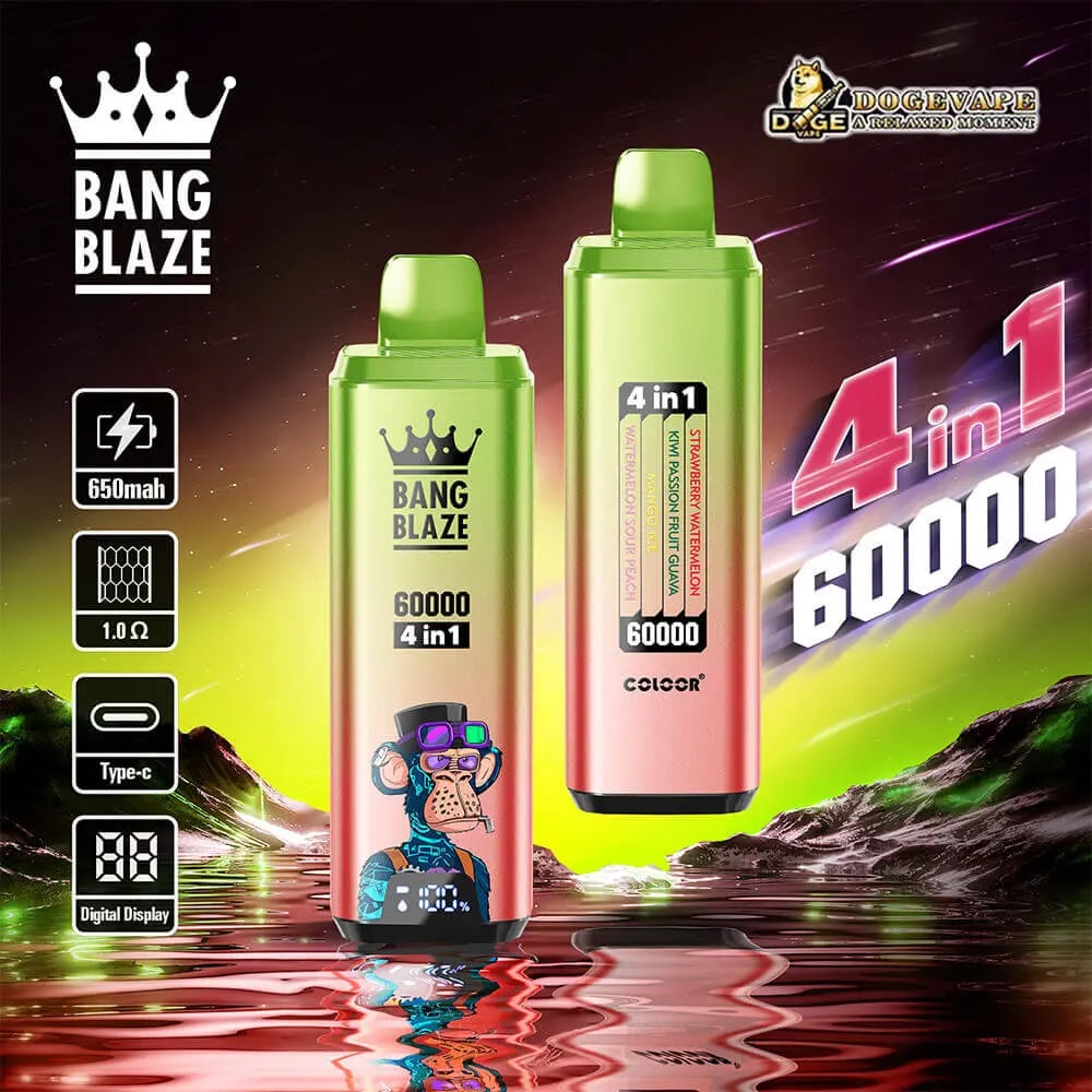 Two Bang Blaze 4-in-1 disposable vape devices with a neon green-to-pink gradient stand on a reflective surface in a vivid neon landscape; the left device features a cartoon monkey graphic while the right displays a bold 4 in 1 label and 60000 text.