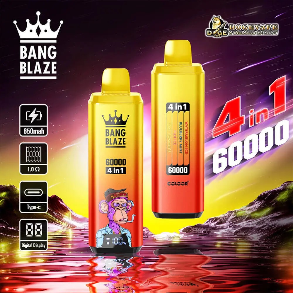 Two Bang Blaze 4‑in‑1 vape devices in a yellow‑to‑orange gradient stand upright against a purple sunset background with a water reflection, one featuring a cartoon monkey; the design highlights 4 in 1 and 60,000 branding, with left-side icons indicating 650 mAh, 1.0 Ω, Type‑C, and a digital display.