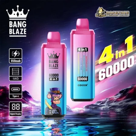 Pubblicità di vaporizzatori usa e getta Bang Blaze 4‑in‑1 con gradiente luminoso che mostra due dispositivi dal rosa al blu, uno con una scimmia cartone animato, sullo sfondo di un paesaggio ghiacciato cosmico; le caratteristiche principali includono 4 in 1 e capacità di 60.000 boccate, con icone a sinistra per 650 mAh, 1,0 Ω, ricarica di tipo C e display digitale.