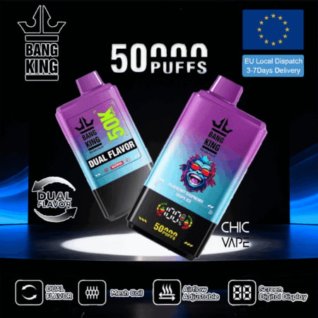 Due dispositivi di vaporizzazione usa e getta Bang King viola sfumato angolati su un palco buio, con la scritta '50.000 Puffs' e il marchio Dual Flavor, con una bandiera UE e un badge di consegna e icone che evidenziano il doppio sapore, bobina a rete, flusso d'aria regolabile e un display digitale.