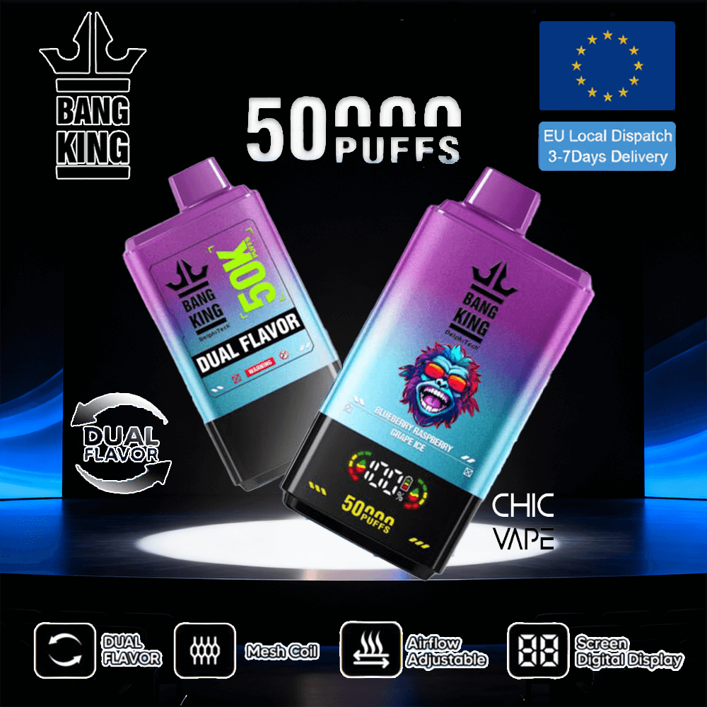 Two gradient purple Bang King disposable vape devices angled on a dark stage, featuring '50,000 Puffs' and Dual Flavor branding, with an EU flag and delivery badge, and icons highlighting dual flavor, mesh coil, adjustable airflow, and a digital display.