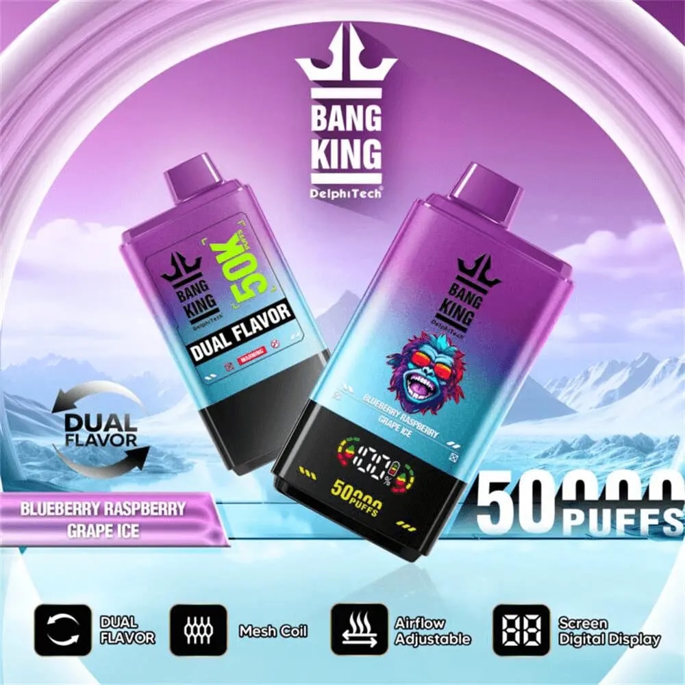 Two purple Bang King DeltaTech disposable vape devices with dual flavor branding are shown against a frosty mountain backdrop, advertising 50,000 puffs and the Blueberry Raspberry Grape Ice flavor.