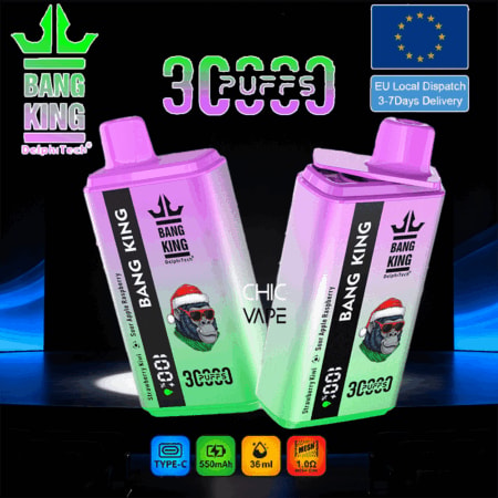 Due dispositivi pod monouso Bang King Chic Vape sfumati in rosa e verde con il logo di una scimmia cartoon, su uno sfondo scuro, con il marchio Bang King e una bandiera UE con un badge di consegna in alto a destra e icone in basso per Type-C, 550 mAh, 36 ml e bobina a rete.