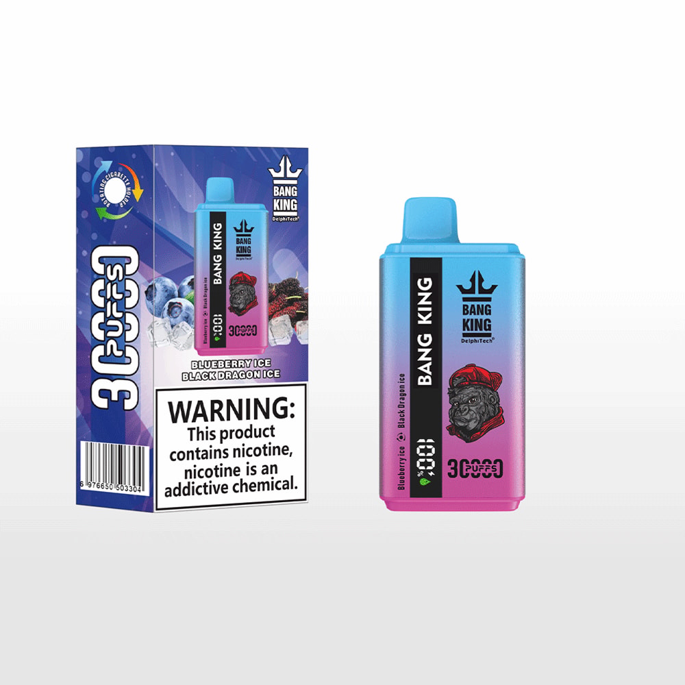 Bang King nicotine vape bottle with a blue cap and a blue-to-pink gradient body, a black vertical label reading 'BANG KING' with a red gorilla head, shown next to its purple box packaging that displays the brand and a large nicotine warning.