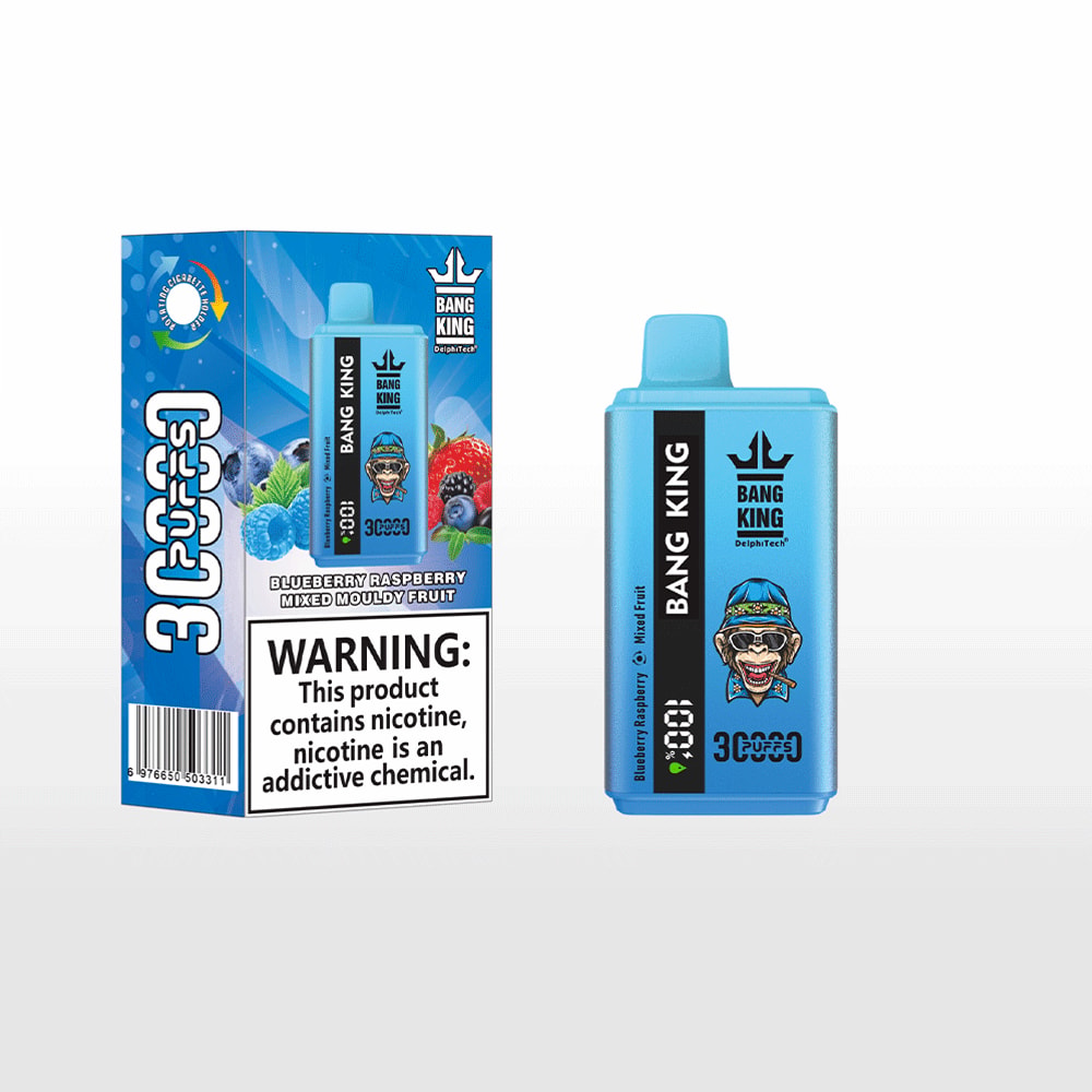 Blue Bang King disposable vape device beside a matching blue box with berry graphics and a nicotine warning label.
