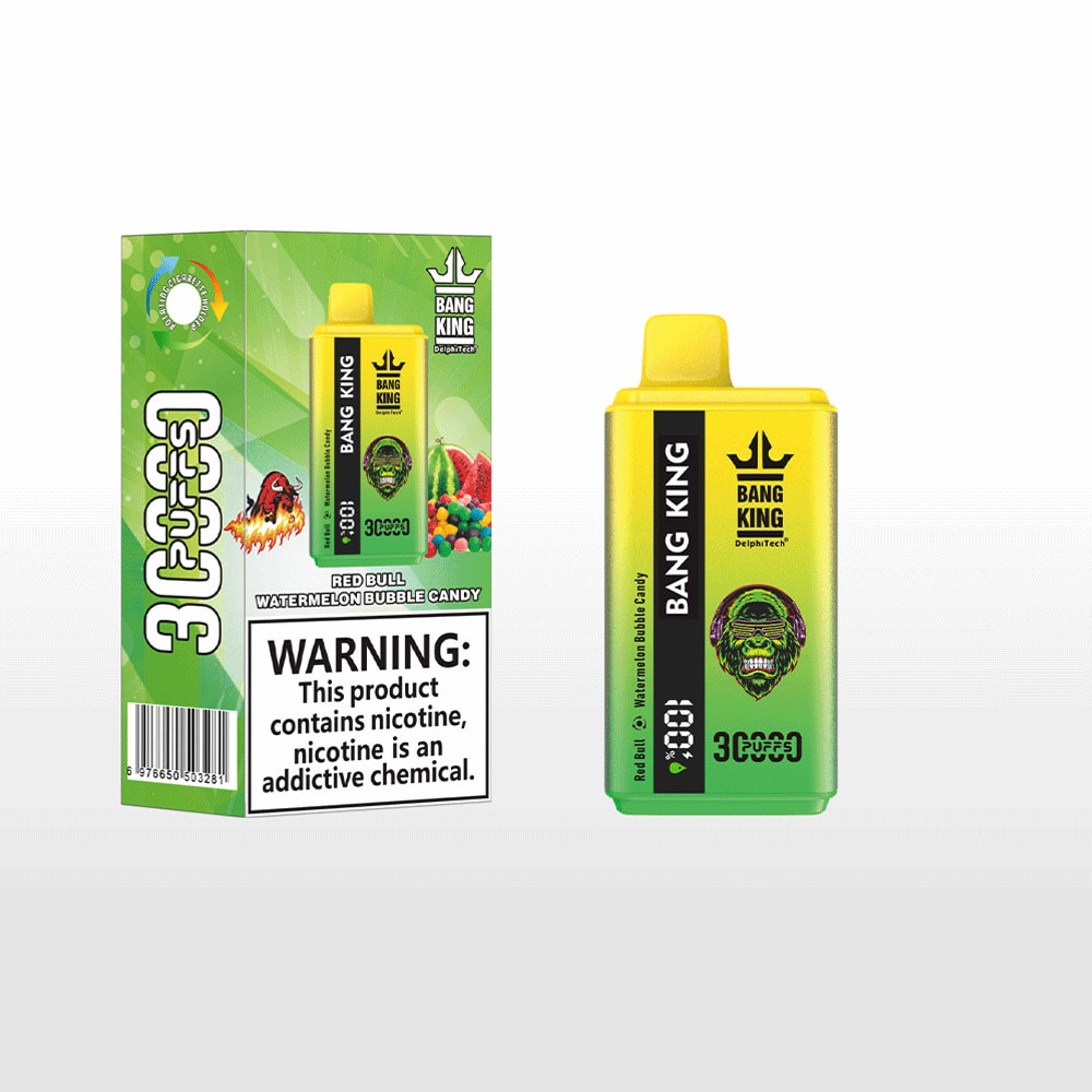 Green and yellow Bang King nicotine vape box and bottle, featuring a black Bang King label with a green skull logo, flavor notes of Red Bull Watermelon Bubble Candy, and a prominent nicotine warning on the box.