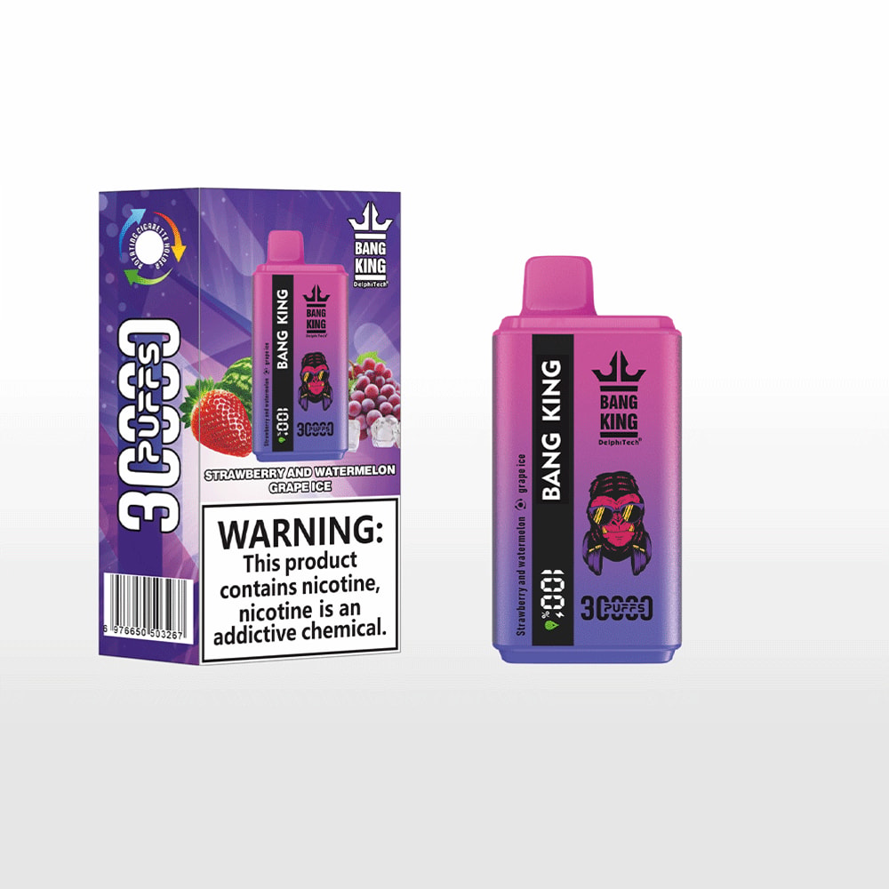 A pink-to-purple Bang King vape pod device beside its decorative box, both featuring the Bang King branding and a flavor description of Strawberry, Watermelon, and Grape Ice, with a prominent nicotine warning label.
