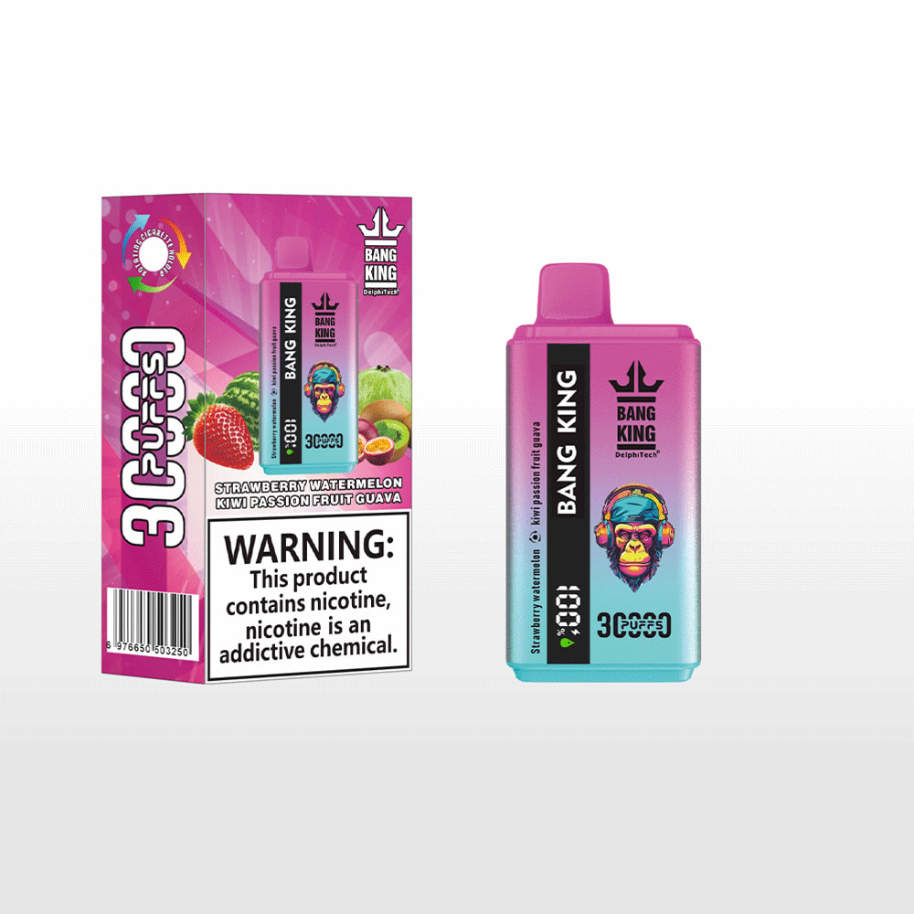 Bang King disposable vape kit with a pink-to-teal gradient device and a matching pink box, both featuring a cartoon monkey logo and a vertical BANG KING label; the box lists flavors strawberry watermelon kiwi passion fruit guava and includes a nicotine warning.