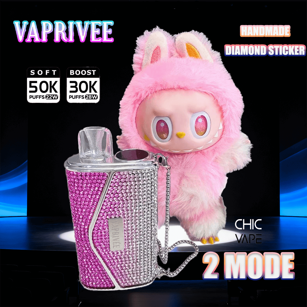 A pink fluffy bunny plush stands beside a sparkling pink-and-silver diamond-studded vape device with a silver chain, on a dark promotional backdrop advertising handmade diamond stickers and a two-mode vape.