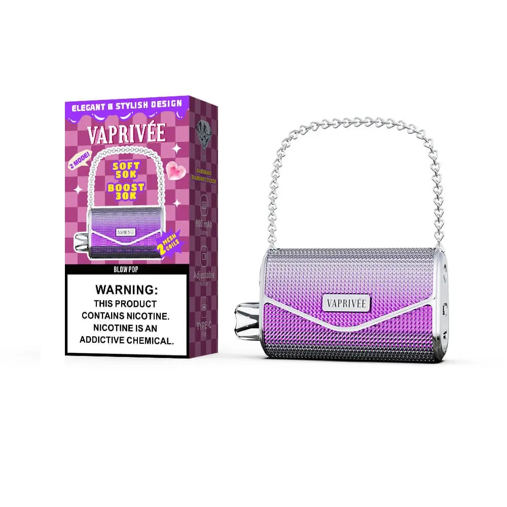 A purple, textured cylindrical vape device with a silver chain strap sits beside a matching purple packaging box that displays a nicotine warning label.