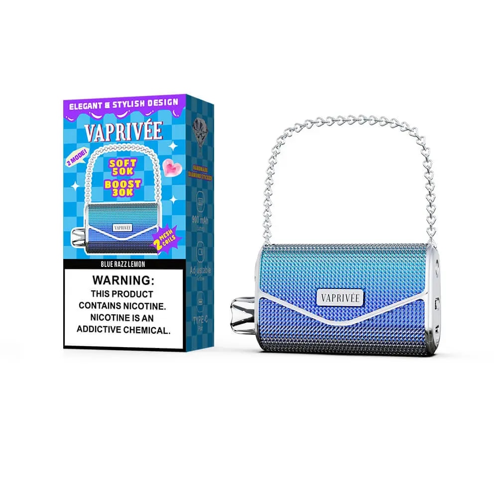 Blue gradient purse-shaped vape with a silver chain next to its matching blue box labeled VAPRIVÉE, featuring a metallic mesh body and a nicotine warning on the box.