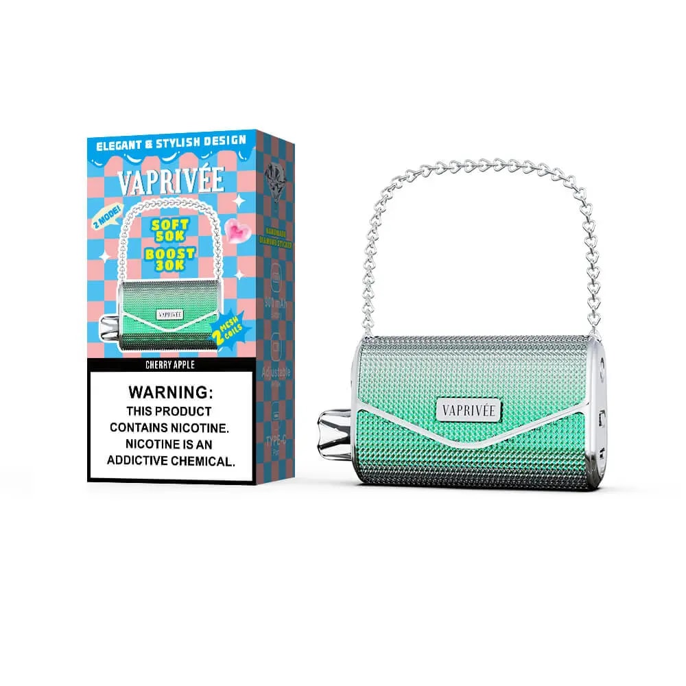 A colorful Vaprivée vape kit box with a blue and pink checkerboard design and a nicotine warning label sits beside a metallic green cylindrical vape device with a silver chain strap.