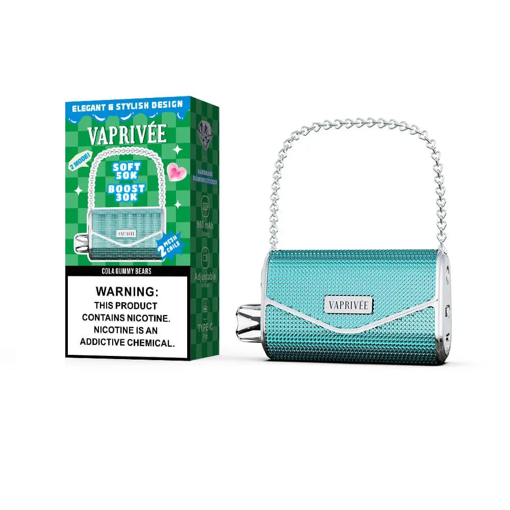 A turquoise metallic handbag-shaped vape with a silver chain strap, shown beside a green checkered Vaprivée box featuring a nicotine warning label.
