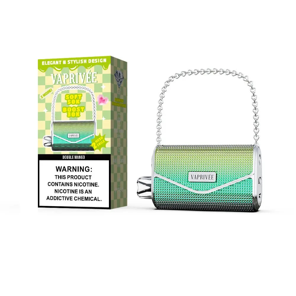 A purse-shaped metallic vape device with a shimmering green-to-teal gradient mesh body and a silver chain, shown beside its packaging with the brand VAPRIVÉE and a nicotine warning.
