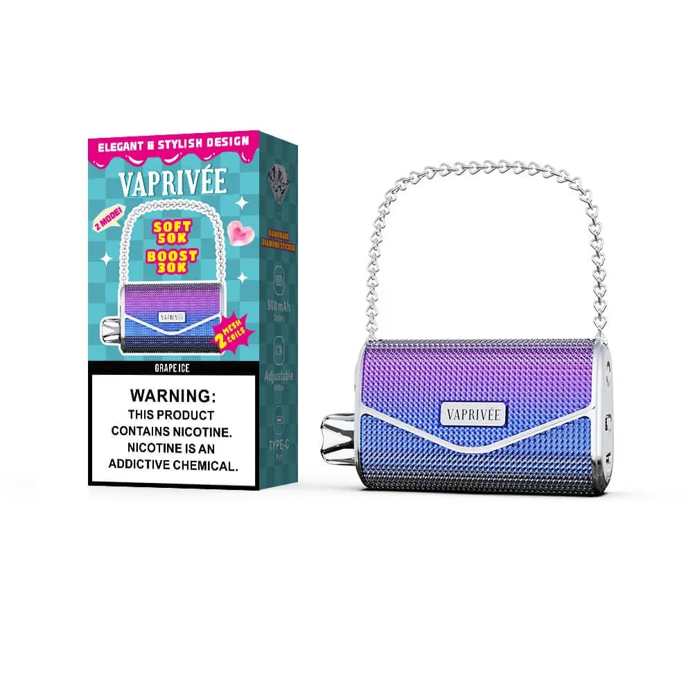 Purple-blue glittery cylindrical vape device with a silver end cap and a chain strap, displayed beside a teal box labeled VAPRIVÉ with a nicotine warning.