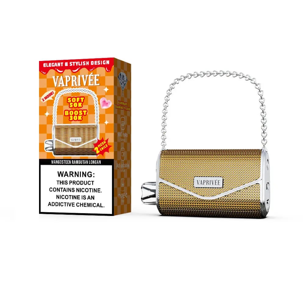 A gold, purse-shaped vape device with a silver chain beside an orange checkered Vaprivée box featuring a nicotine warning label.