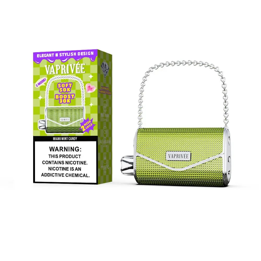 A lime-green, textured rectangular vape device with silver trim and a chain handle sits beside a purple-and-green Vaprivée packaging box featuring a nicotine warning.
