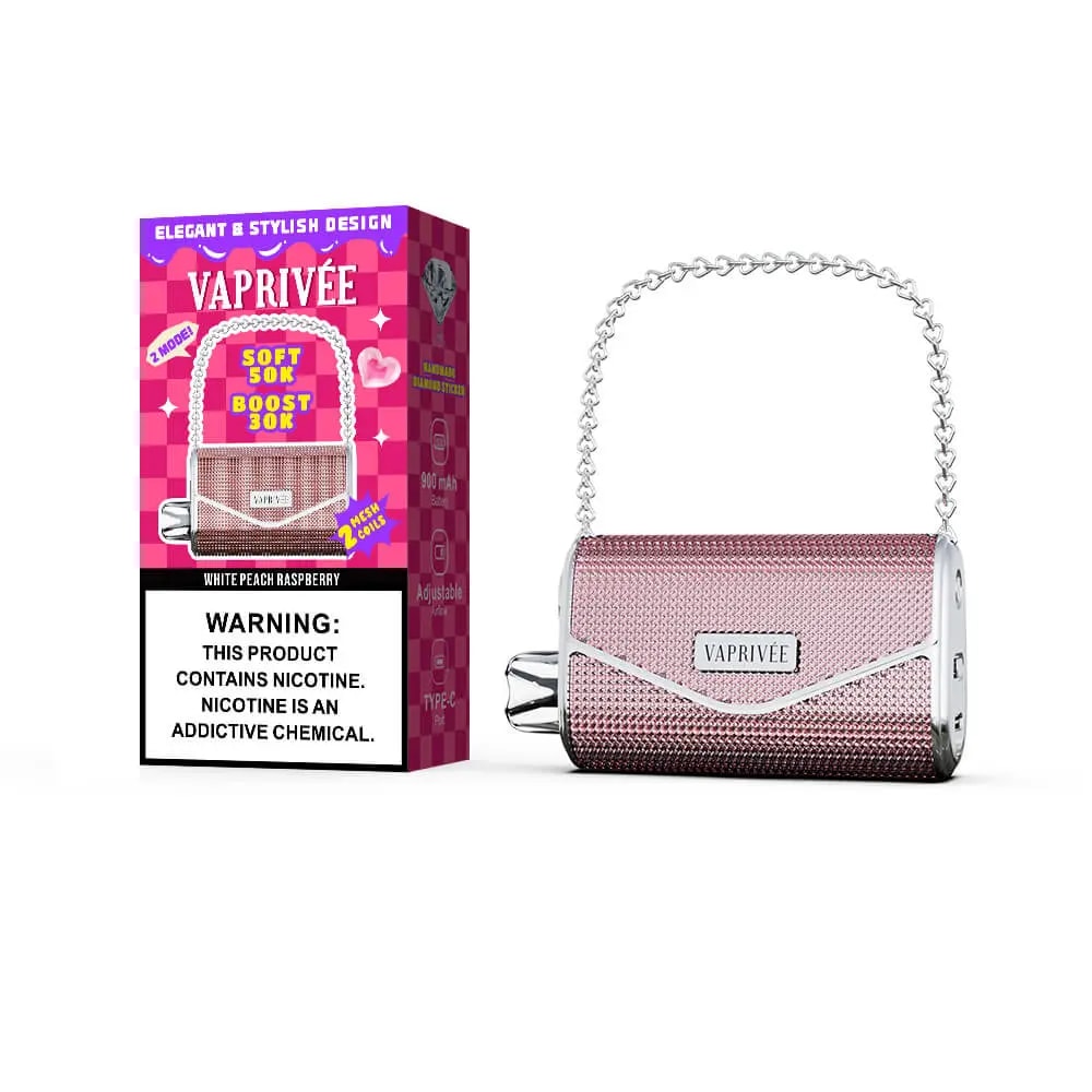 Pink and silver VAPRIVÉE vape device with a chain handle, placed next to its pink and purple checkered packaging labeled with nicotine warning and product details