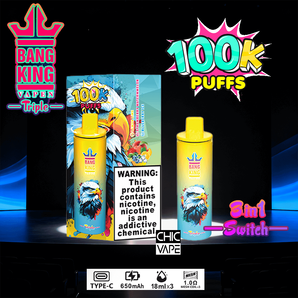 Promotional display of Bang King Vape Triple disposable pod devices in yellow with a parrot graphic, shown with a blue packaging box and a bold '100K Puffs' graphic, advertising a 3-in-1 switch and that the product contains nicotine.