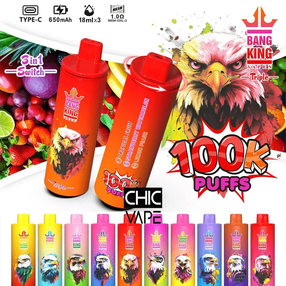 Bright Bang King Vape advertisement featuring two large orange vape devices with a fierce eagle logo, displaying the 3in1 Switch label and 100K Puffs, set against a colorful fruit-themed background with a row of small, multicolored vape bottles below.