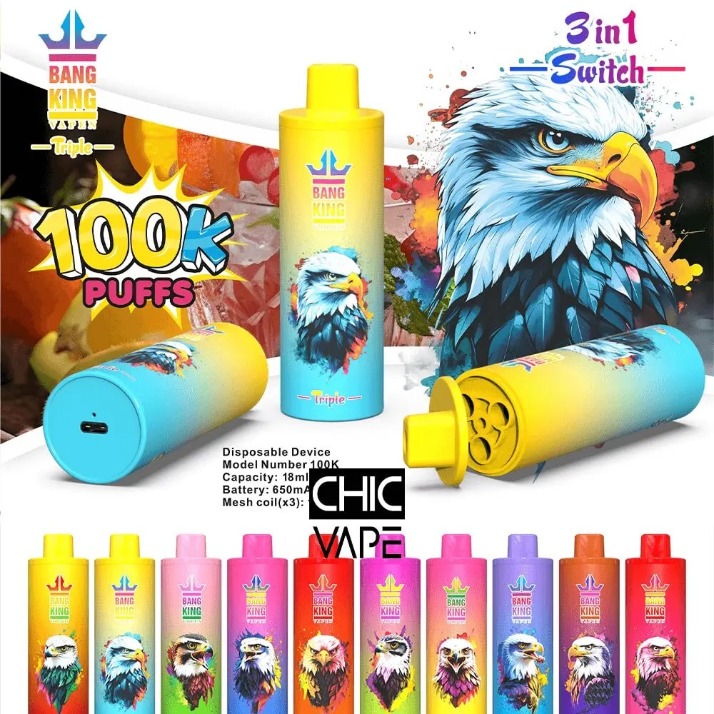 Bright Bang King disposable vape advertisement showing a blue-and-yellow eagle graphic, 100K Puffs and 3-in-1 Switch branding, and a lineup of colorful vape devices and bottles.