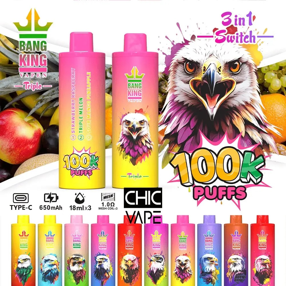 Colorful Bang King Vape advertisement showing two pink gradient vape bottles with a stylized eagle mascot, bold '100K Puffs' lettering, and a row of smaller colored bottles against a fruity background.