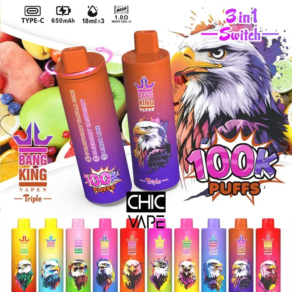 Vibrant Bang King Vape 3-in-1 Switch advertisement featuring three orange-purple battery devices with the 100K Puffs text, a row of colorful bottle vapes, and a bold eagle graphic in the background.