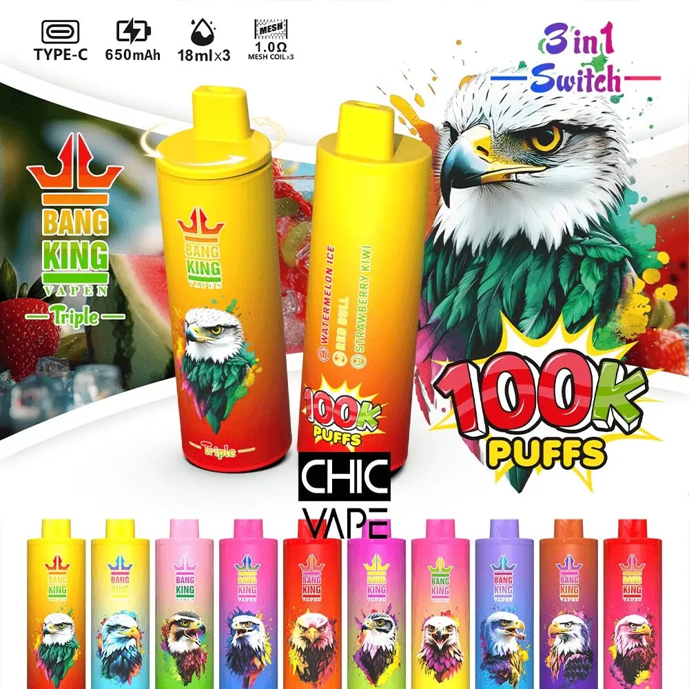 Colorful Bang King disposable vape pens on display, including tall yellow gradient devices and a row of small colorful pods, with bold 100K Puffs and 3in1 Switch branding and an illustrated eagle.
