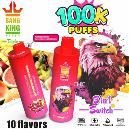 Pubblicità luminosa di Bang King Vape che mostra due penne per vaporizzatori usa e getta rosa con il logo Bang King, un titolo in grassetto '100K Puffs' e il testo '3 in 1 Switch', immagini vivaci di frutta e un'aquila stilizzata, con piccole icone che indicano la ricarica di tipo C, 650 mAh e 18 ml x3.