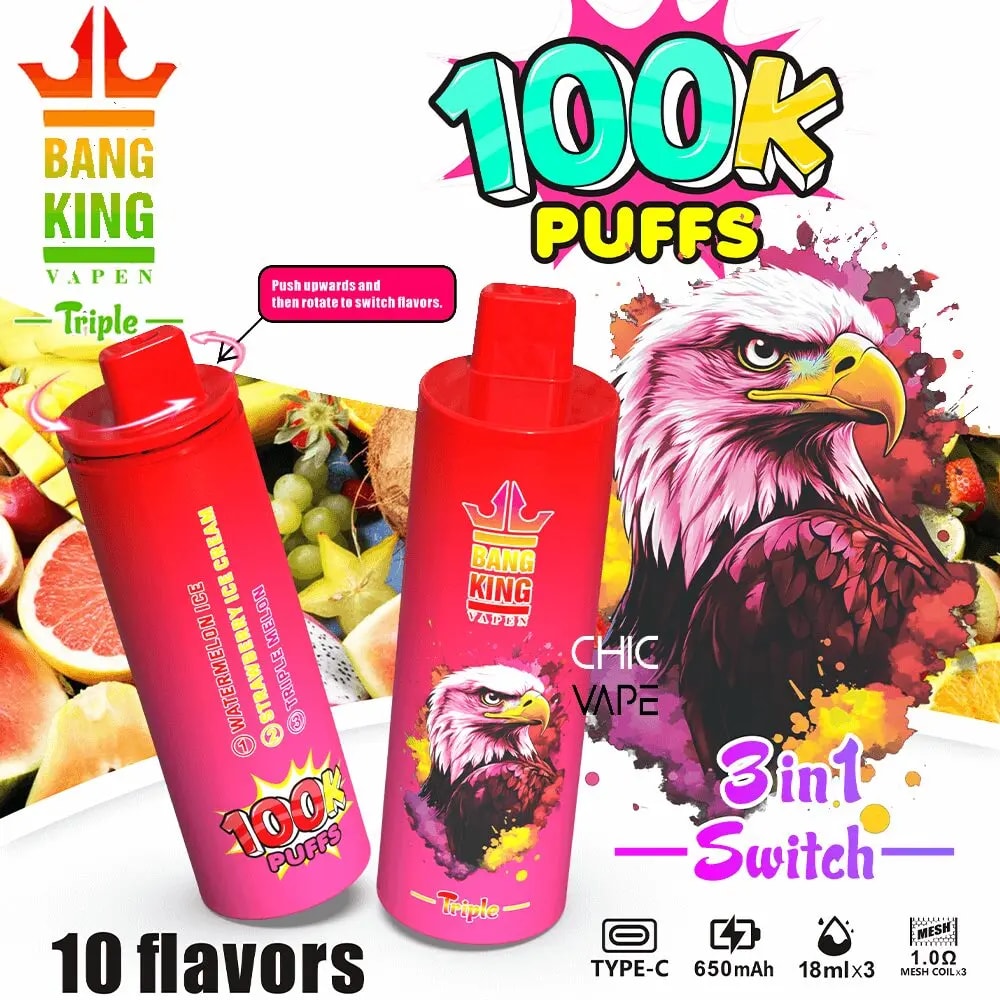Bright Bang King Vape advertisement showing two pink disposable vape pens with the Bang King logo, a bold '100K Puffs' headline and '3 in 1 Switch' text, vibrant fruit imagery and a stylized eagle, with small icons indicating Type-C charging, 650mAh and 18ml x3.