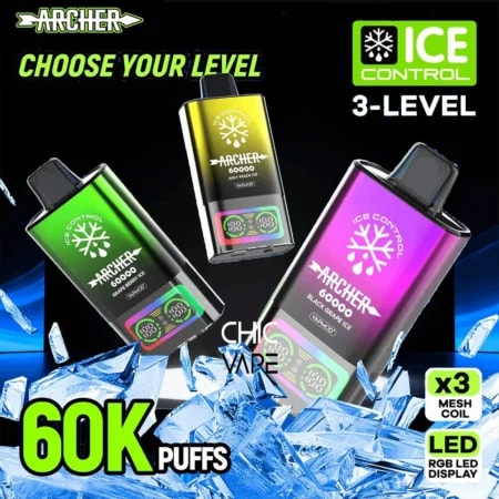 En Archer Ice Control 3-Level vape-reklam som visar tre färgglada enheter (grön, gul och lila) med snöflingalogotyper, som framhäver 60K-puffar, LED-display och mesh-spole, mot en blå iskristallbakgrund.
