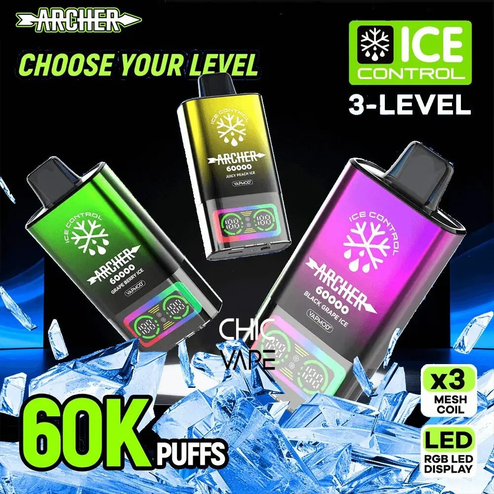 En Archer Ice Control 3-Level vape-reklam som visar tre färgglada enheter (grön, gul och lila) med snöflingalogotyper, som framhäver 60K-puffar, LED-display och mesh-spole, mot en blå iskristallbakgrund.