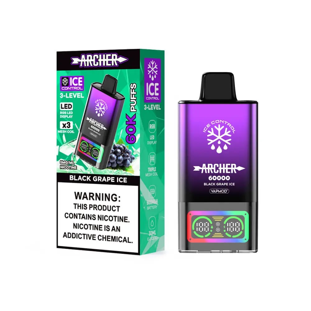 Lila gradient Archer 60000 vape pod med en lysande LED-display bredvid sin gröna och svarta Ice Control-förpackning märkt 3-Level LED, Black Grape Ice.