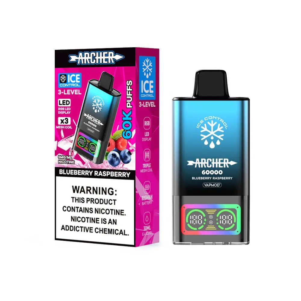 Blue Archer Ice Control vape-enhet med en snöflingalogotyp och neon LED-display, visad bredvid en rosa förpackningslåda för blåbärshallonsmak märkt 3-Level LED och nikotinvarning.