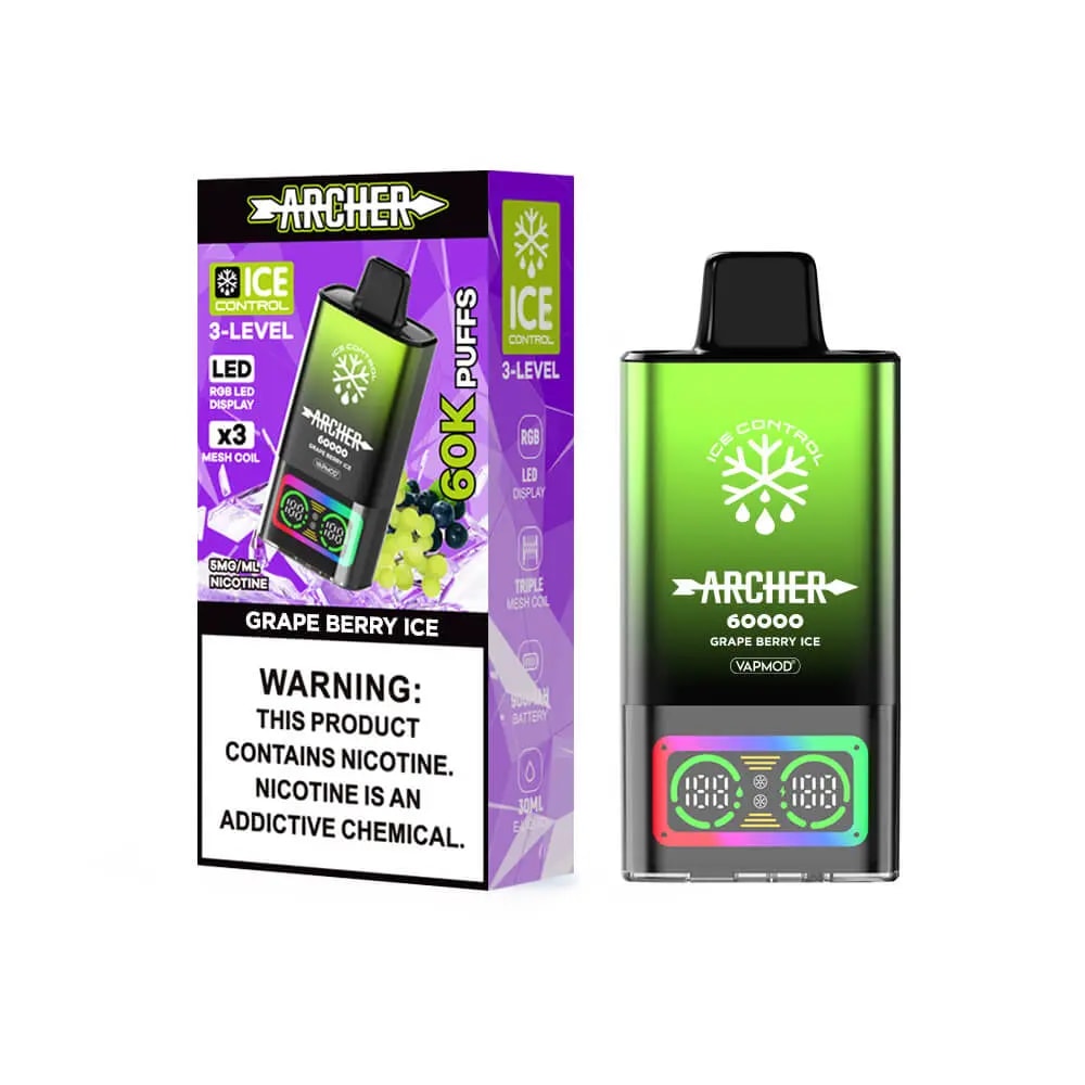 Purple Archer Ice vape-kitlåda som visar Ice Control, 3-nivås LED och Grape Berry Ice-smak bredvid en grön, svart toppad vape-mod med en ljus digital display.