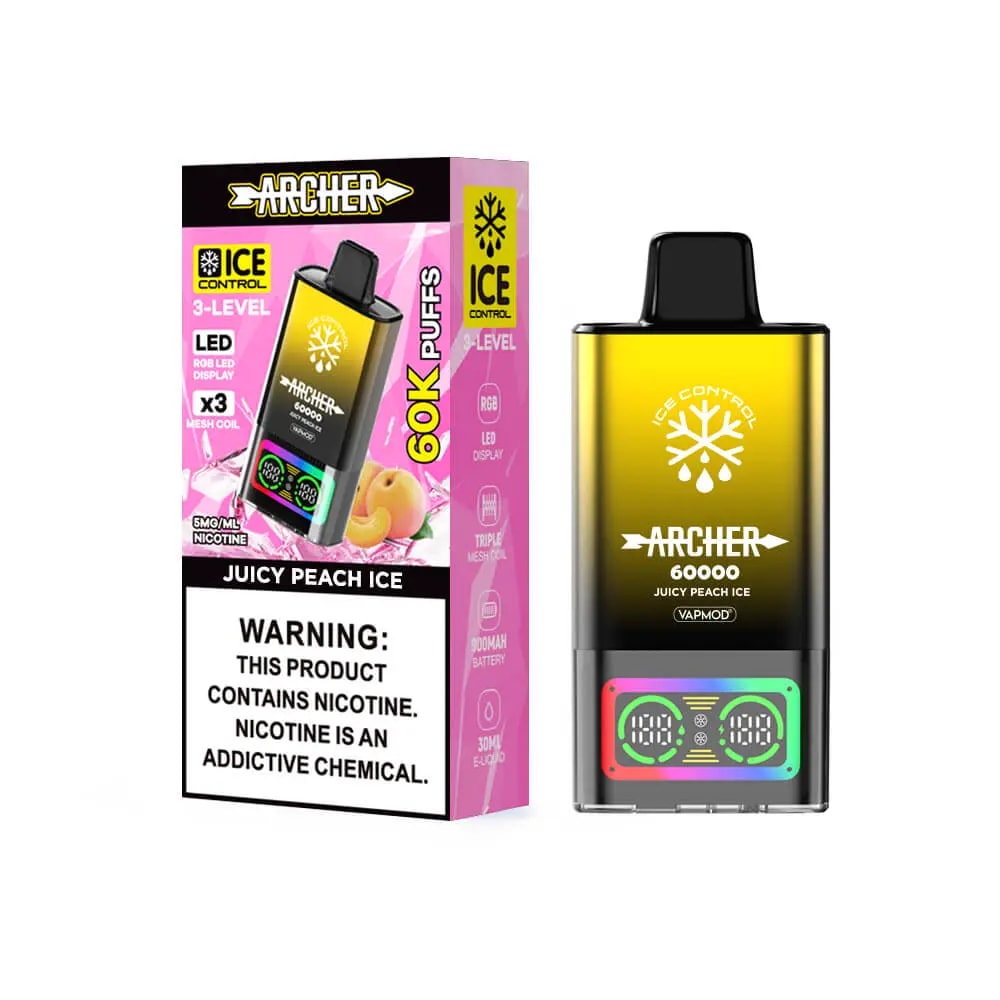 Juicy Peach Ice Archer vape pod med en gul-till-svart gradient finish, visad bredvid den rosa Archer-förpackningen som har Ice Control-märket, en etikett för 60 000 puff och en djärv nikotinvarning.