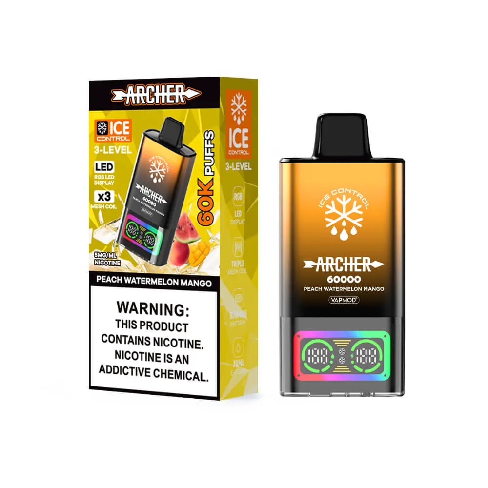 En Archer Ice Control engångsvape-enhet i bärnsten med ett svart munstycke och en neonupplyst display i botten, visad bredvid en gul och svart låda märkt Peach Watermelon Mango och en nikotinvarning.