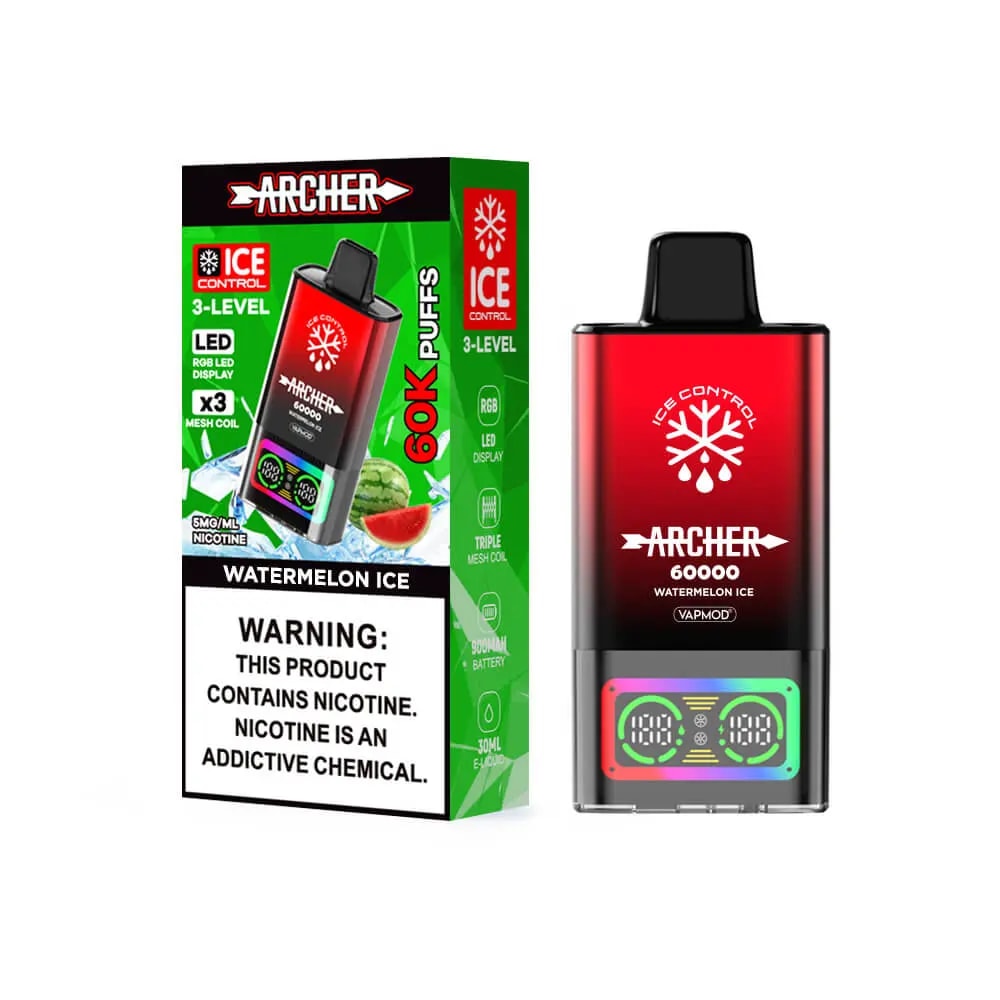 En Archer Watermelon Ice vape-enhet med en röd kropp och svart topp, med en flerfärgad LED-display, som visas bredvid dess gröna Ice Control-förpackning.