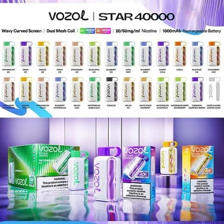 VOZOL Star 40000 disposable vape lineup on a glossy display, with a top row of small, colored flavor devices and a bottom row of larger, brightly packaged units in green, purple, and other hues.